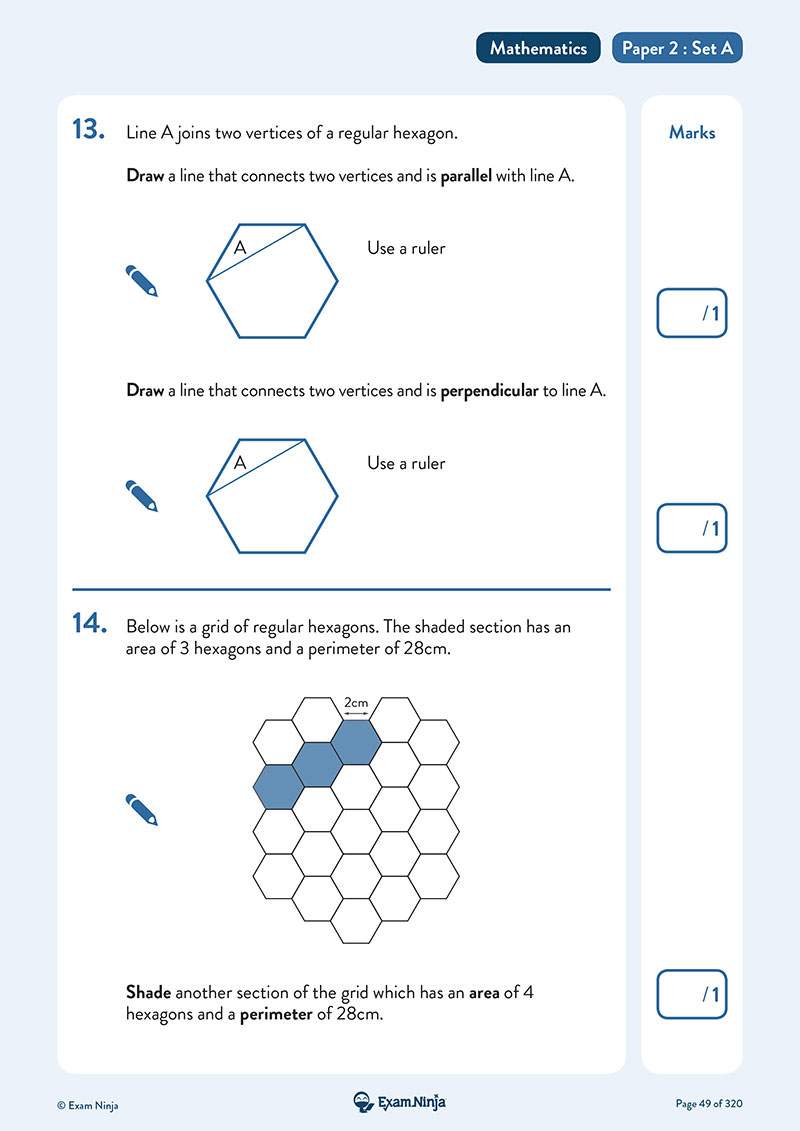 Two geometry questions on hexagons where children draw parallel and perpendicular lines, then shade a section of a grid