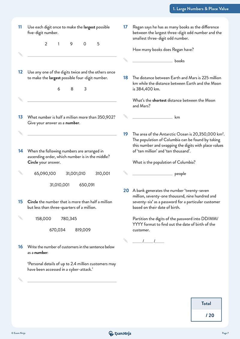 Ten questions on large numbers, including ordering, comparing, and converting written numbers to digits