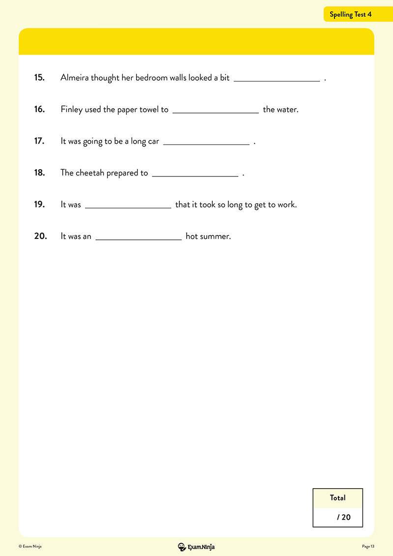 Six fill-in-the-blank sentences for Year 6 pupils to complete with correct spellings, mirroring the real SATs format