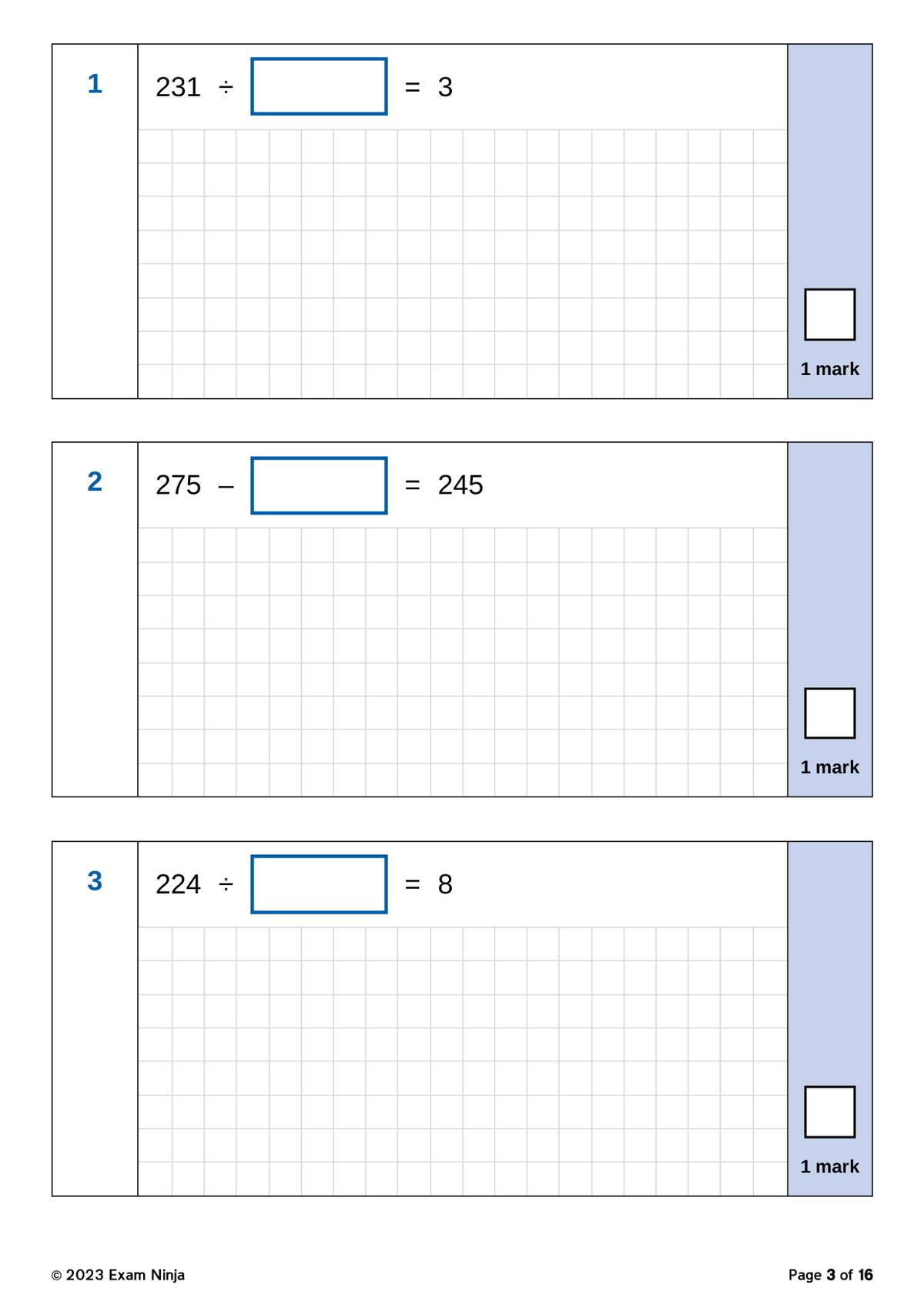 Three missing number questions for Year 6, with grid space for working out answers