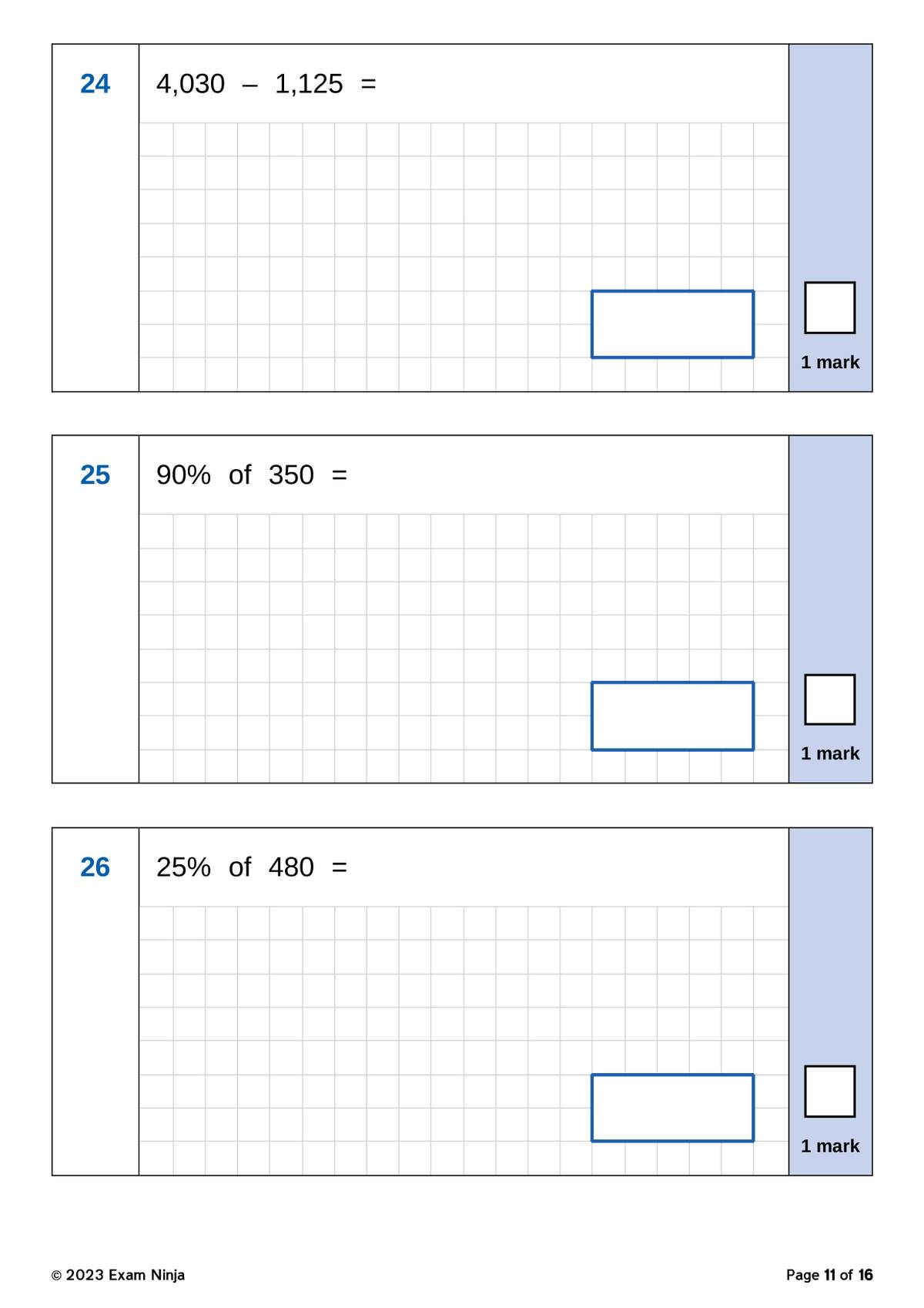 Three short calculation questions on subtraction and percentages, each worth one mark