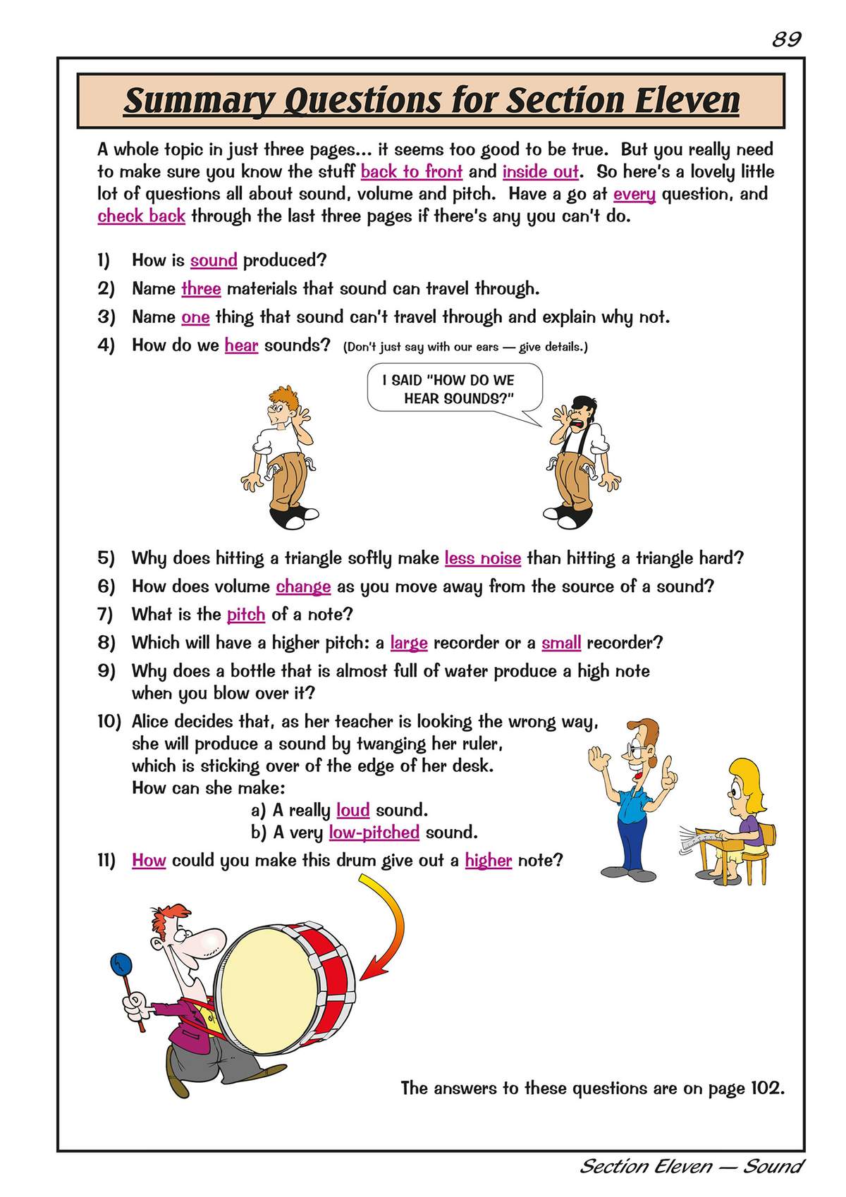 Eleven questions on sound, volume and pitch, including short answers, explanations and a scenario about making loud