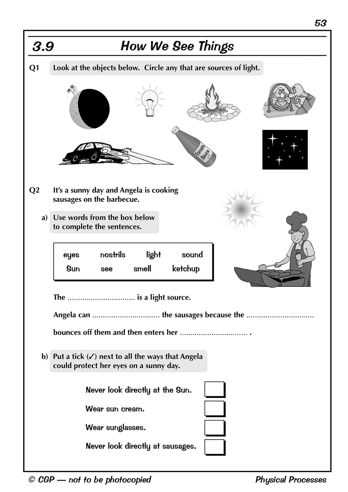 Children circle light sources, fill in sentences about how we see, and tick ways to protect eyes from the sun