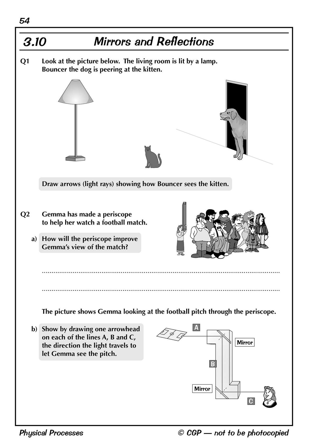 Children draw light rays to show how a dog sees a kitten, then explain how a periscope works and draw arrows on a diagram