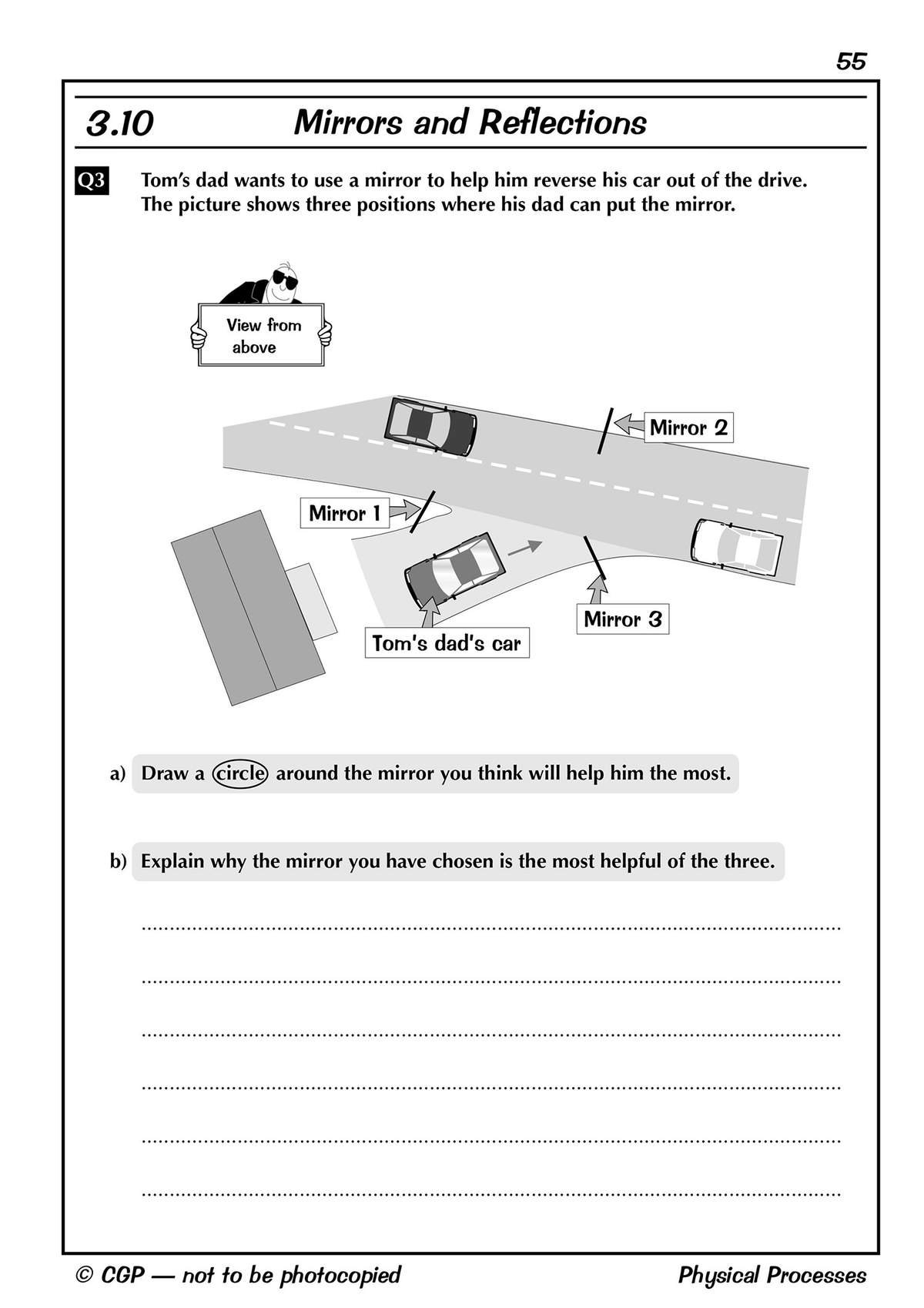 A diagram shows three mirror positions for reversing a car; children circle the best one and explain why