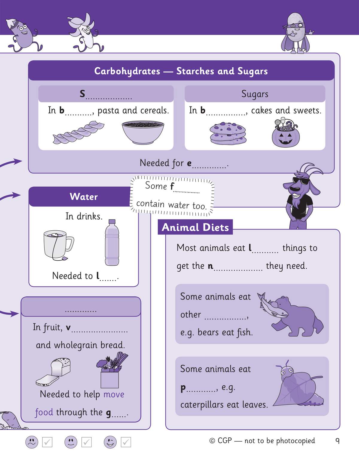A revision page on carbohydrates, water and animal diets, using cartoons and fill-in-the-blank sentences to help Year 3