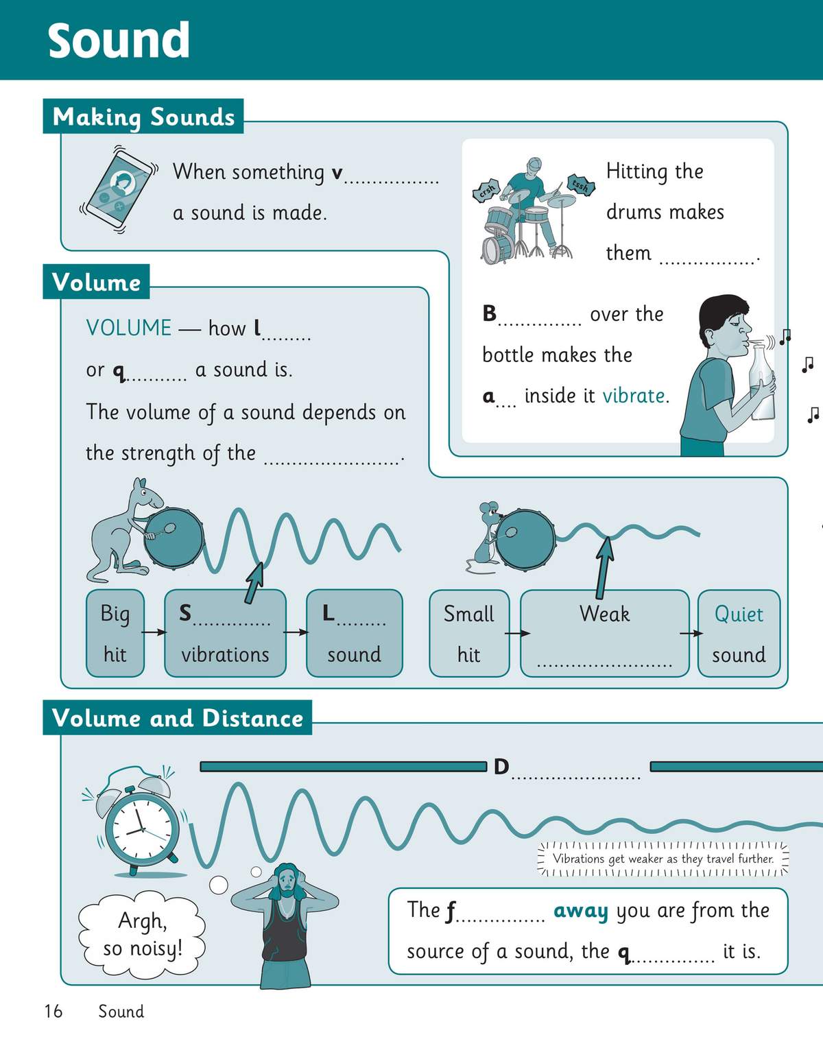 A page on sound with fill-in-the-blanks to explain how vibrations make noise and how volume changes with distance