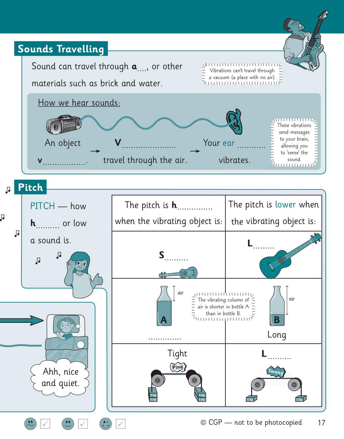A page explaining how sound travels through materials and how pitch changes with vibration