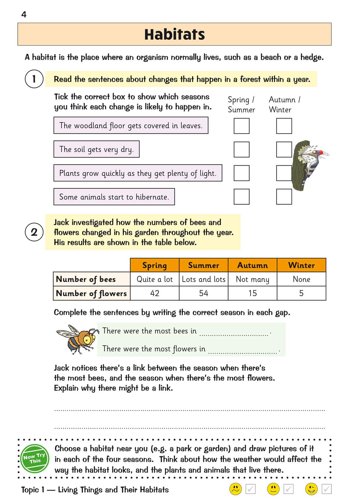 Children tick boxes to match seasonal changes, complete sentences using a table of bee and flower numbers