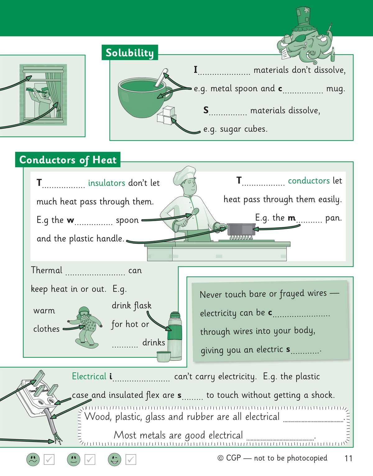 Children fill in missing words about solubility and heat conduction, using diagrams of a chef and a snowboarder