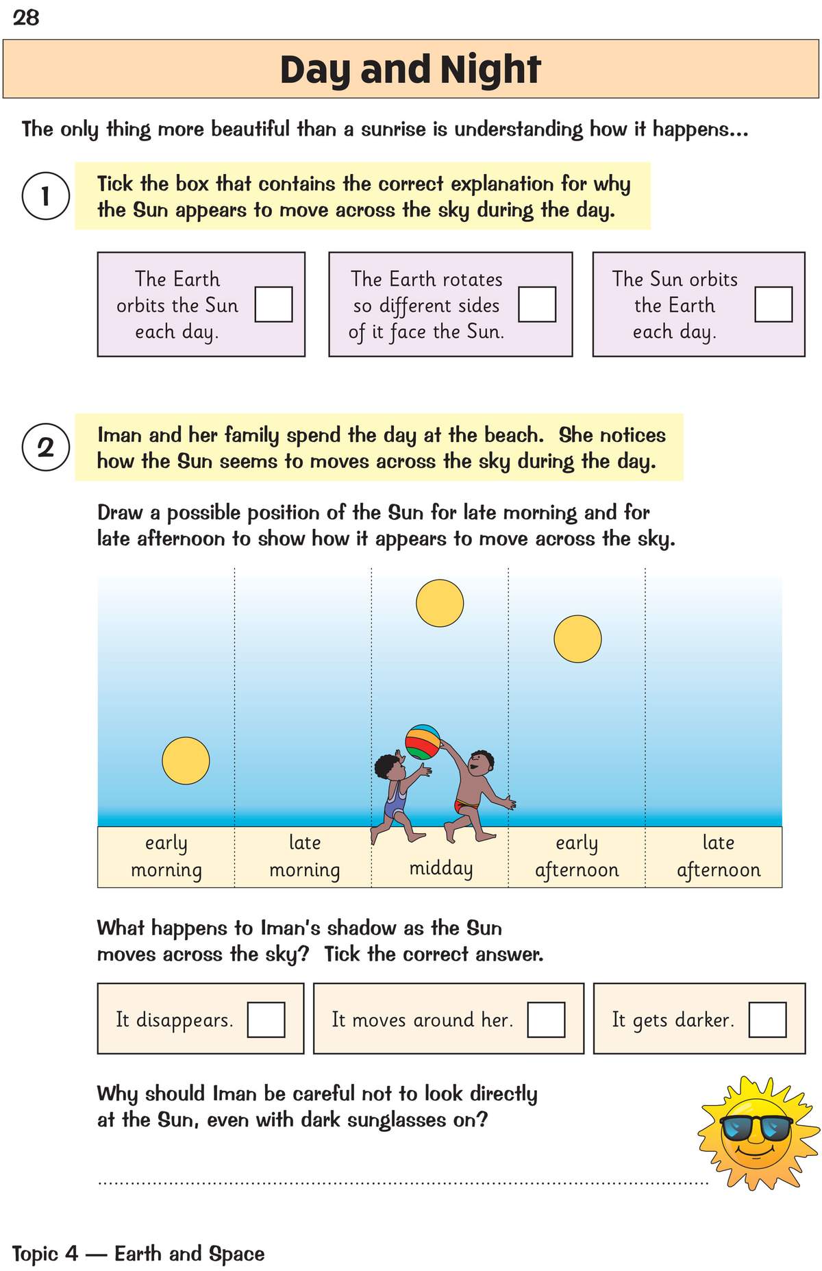 Children tick boxes to explain why the Sun moves, draw the Sun's position at different times