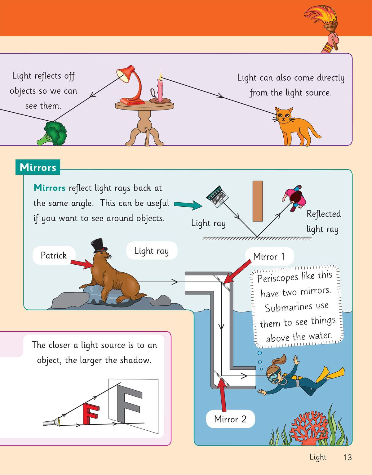 Clear explanations of how mirrors reflect light and how periscopes work, supported by colourful diagrams of a sea lion