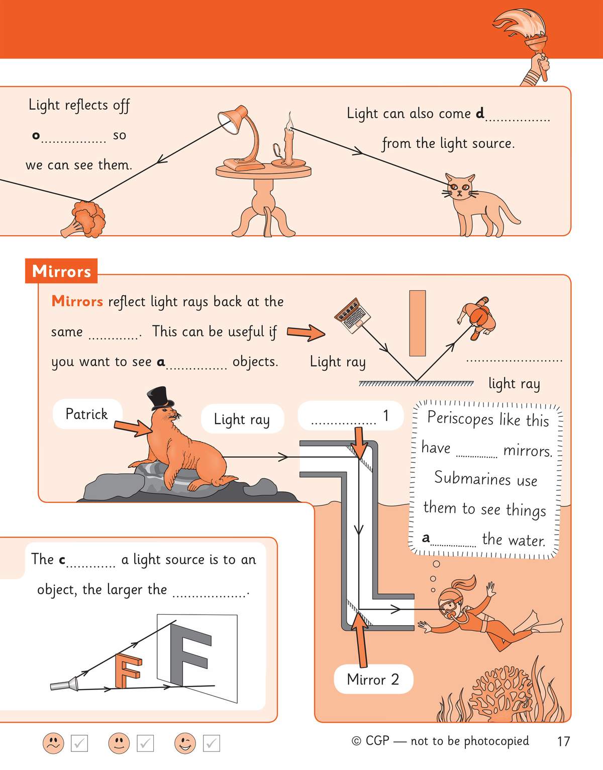 A page explaining how mirrors reflect light, with fill-in-the-blank sentences and labelled diagrams of periscopes and light