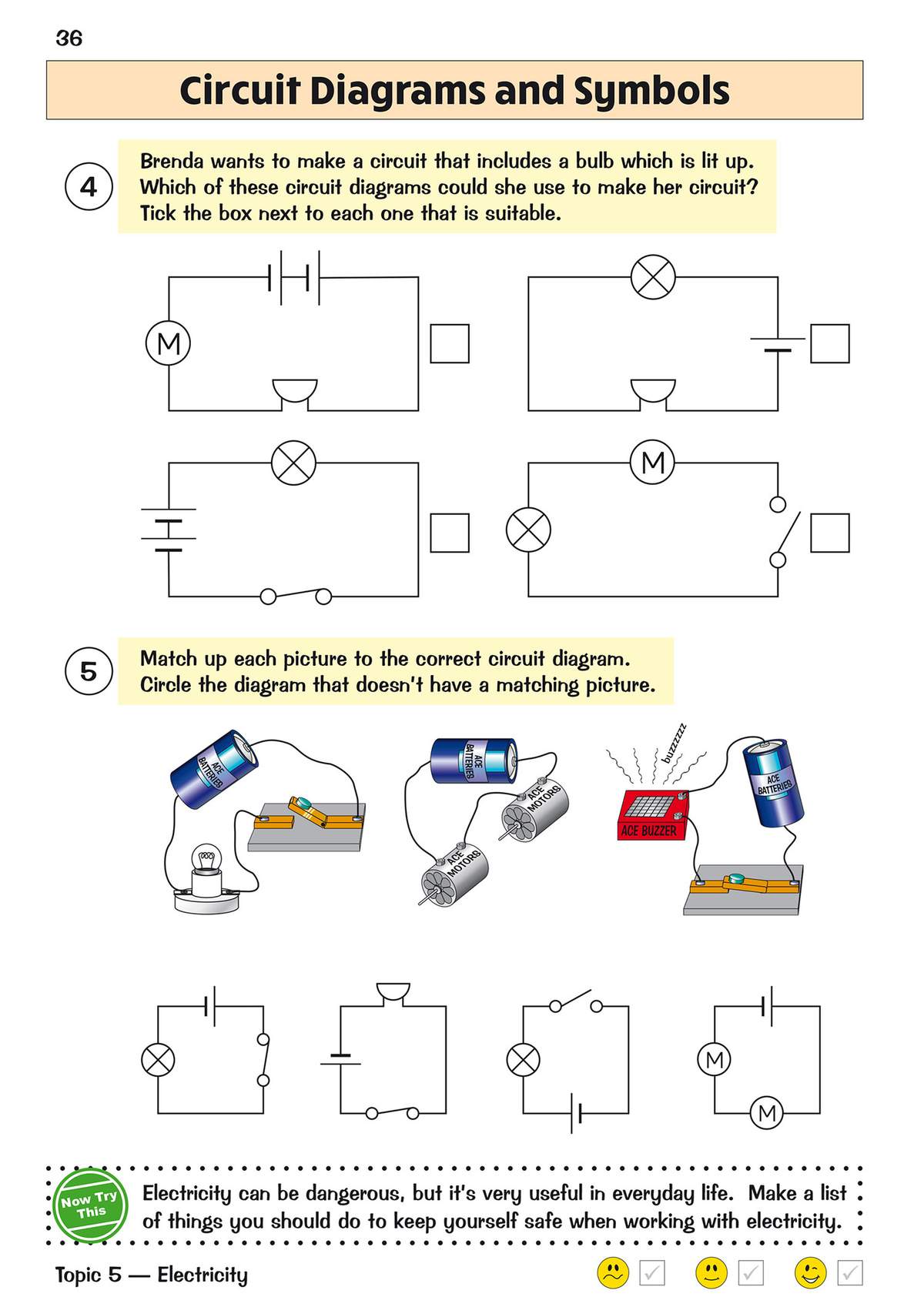 Children tick correct circuit diagrams, match real circuits to symbols, and write safety tips
