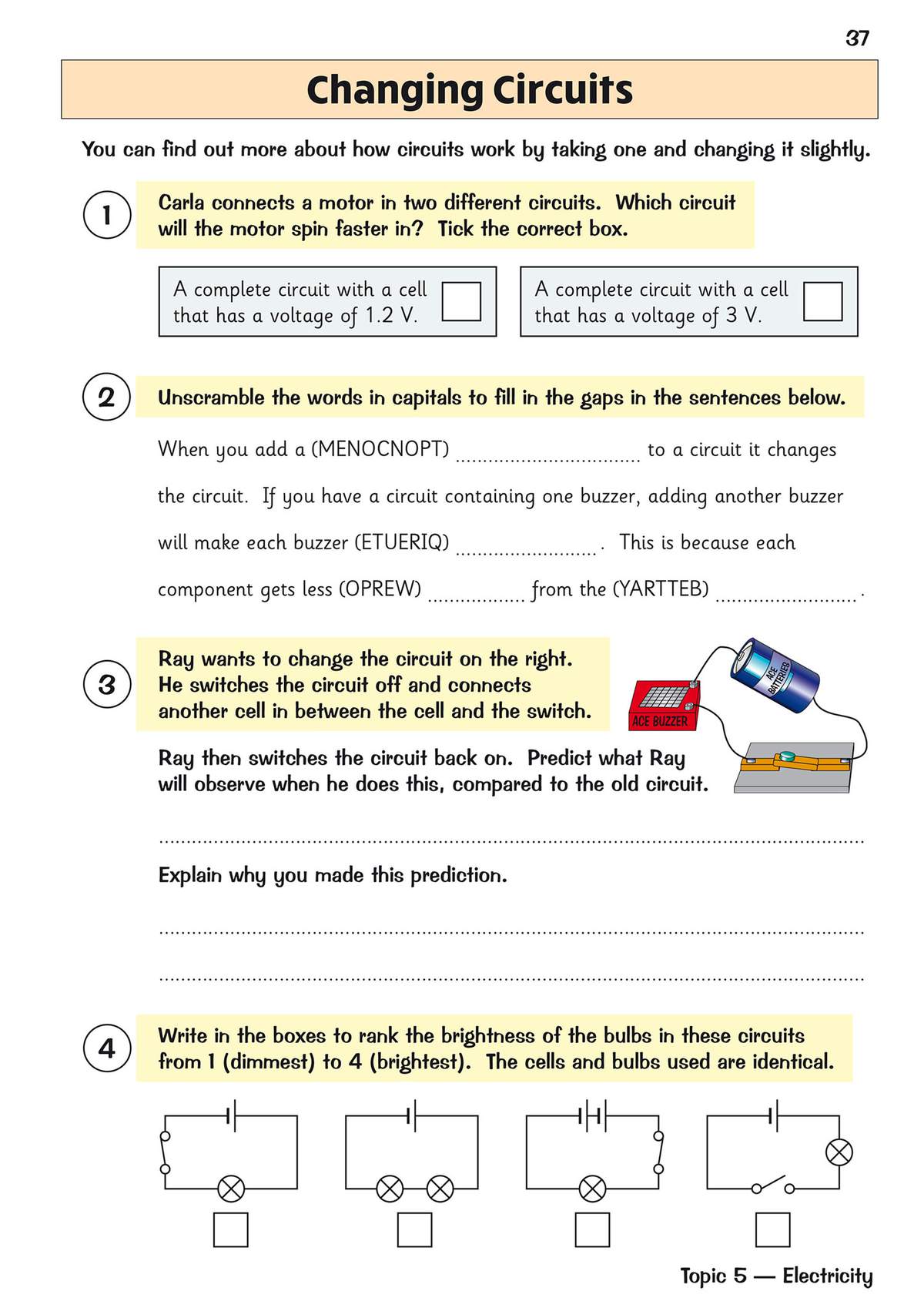 Four questions on changing circuits, including ticking boxes, unscrambling words, predicting observations