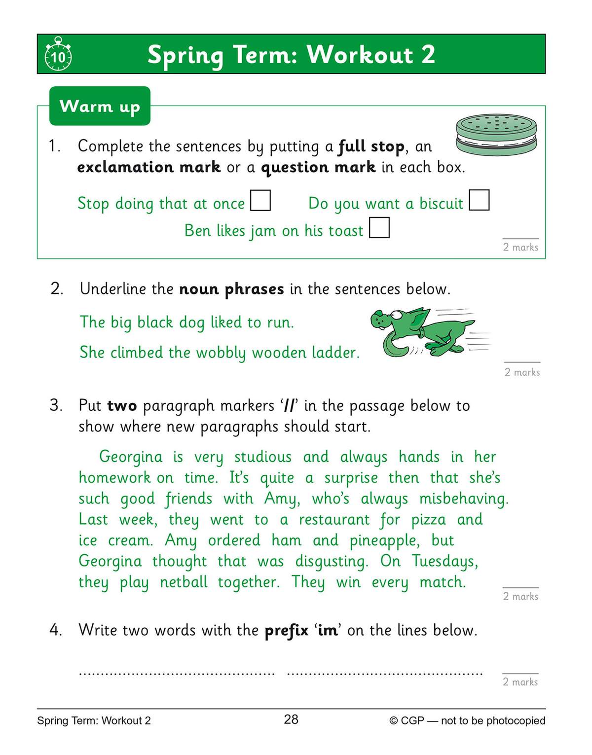 Children complete four exercises on punctuation, grammar, paragraphing and prefixes