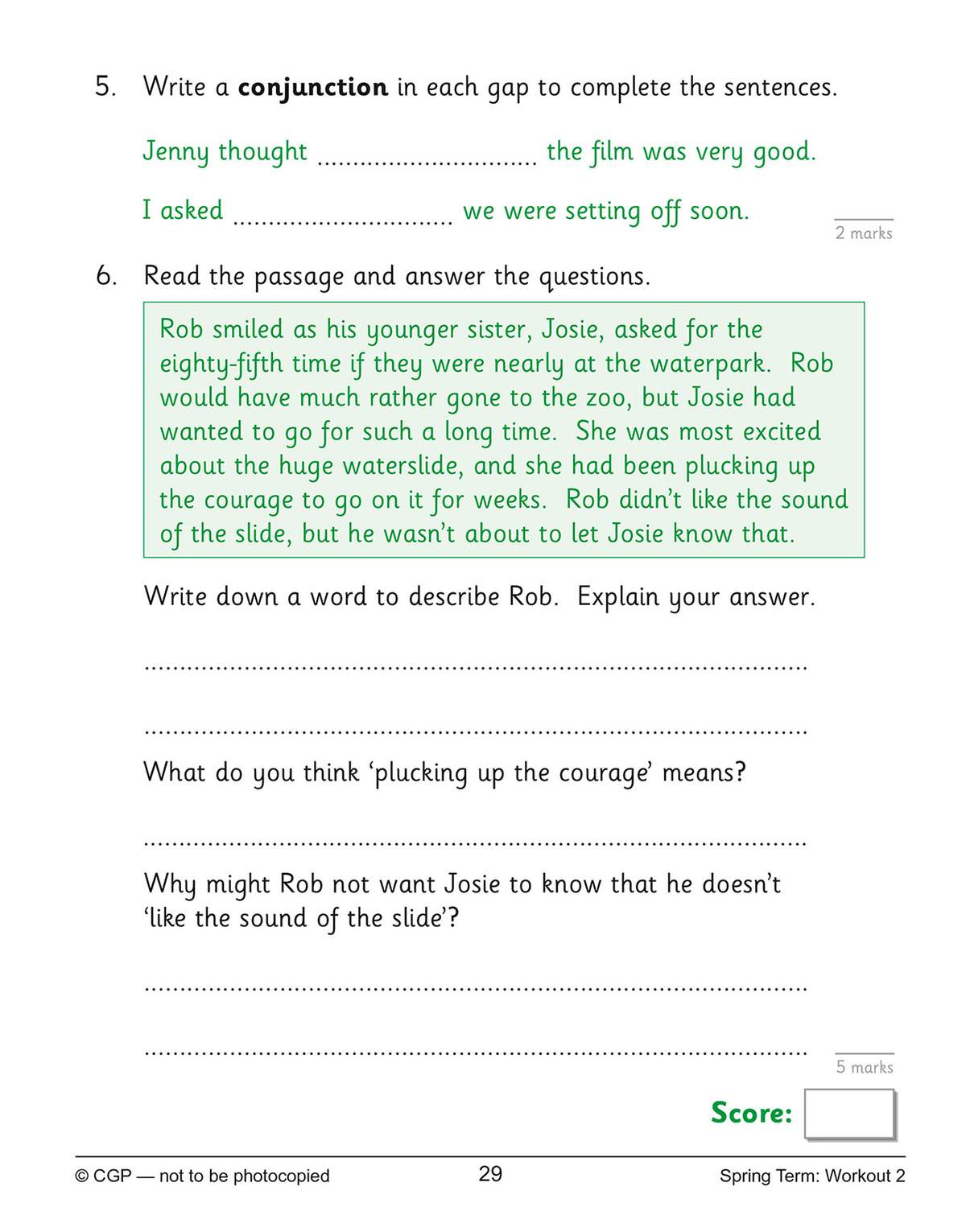 Children complete sentences with conjunctions and answer three comprehension questions based on a short text about Rob