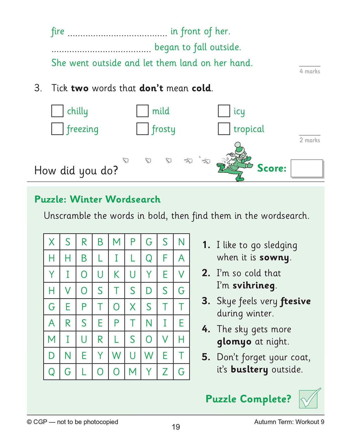 Children complete a short reading passage and a winter-themed wordsearch to practise spelling and vocabulary