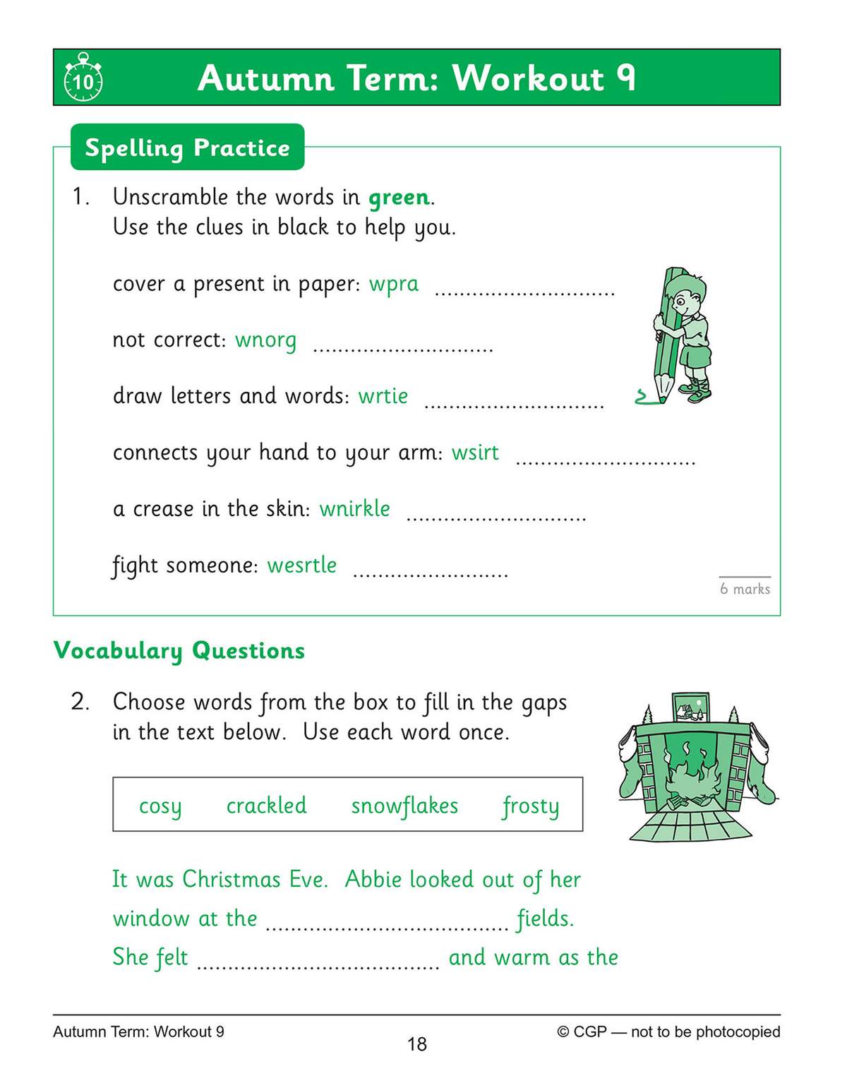 Children unscramble six words using clues, then choose from a word box to complete a short Christmas Eve story