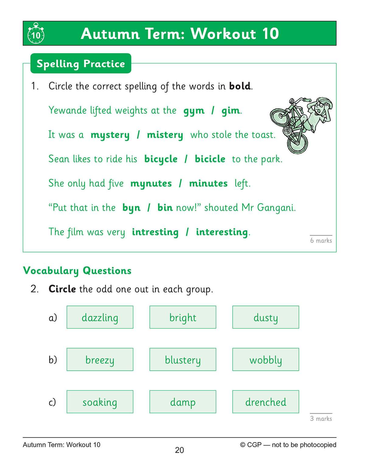 Children circle correct spellings in sentences and identify the odd word out in vocabulary groups