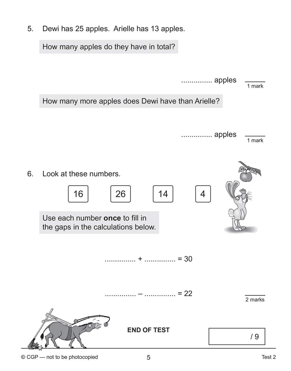 Two word problems on addition and subtraction, plus a number selection task to complete equations