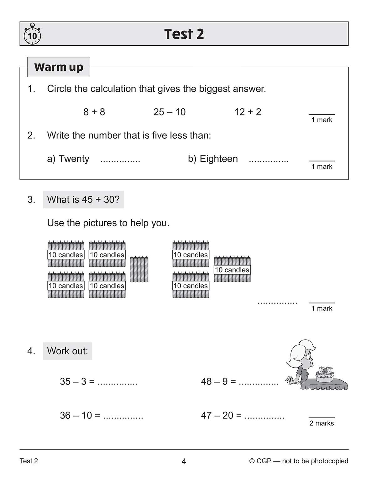 Four quick maths questions on addition and subtraction, including a warm-up and a timed test section