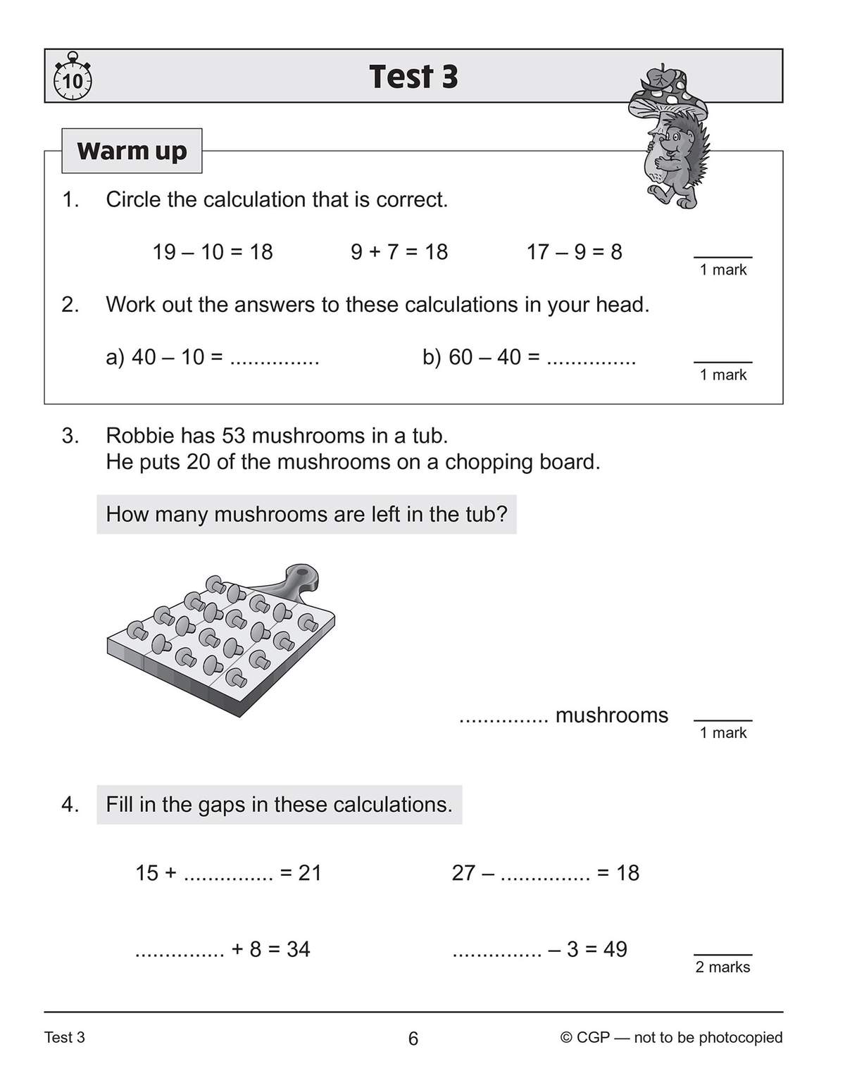 Four short maths questions on addition and subtraction, including a word problem with a chopping board illustration