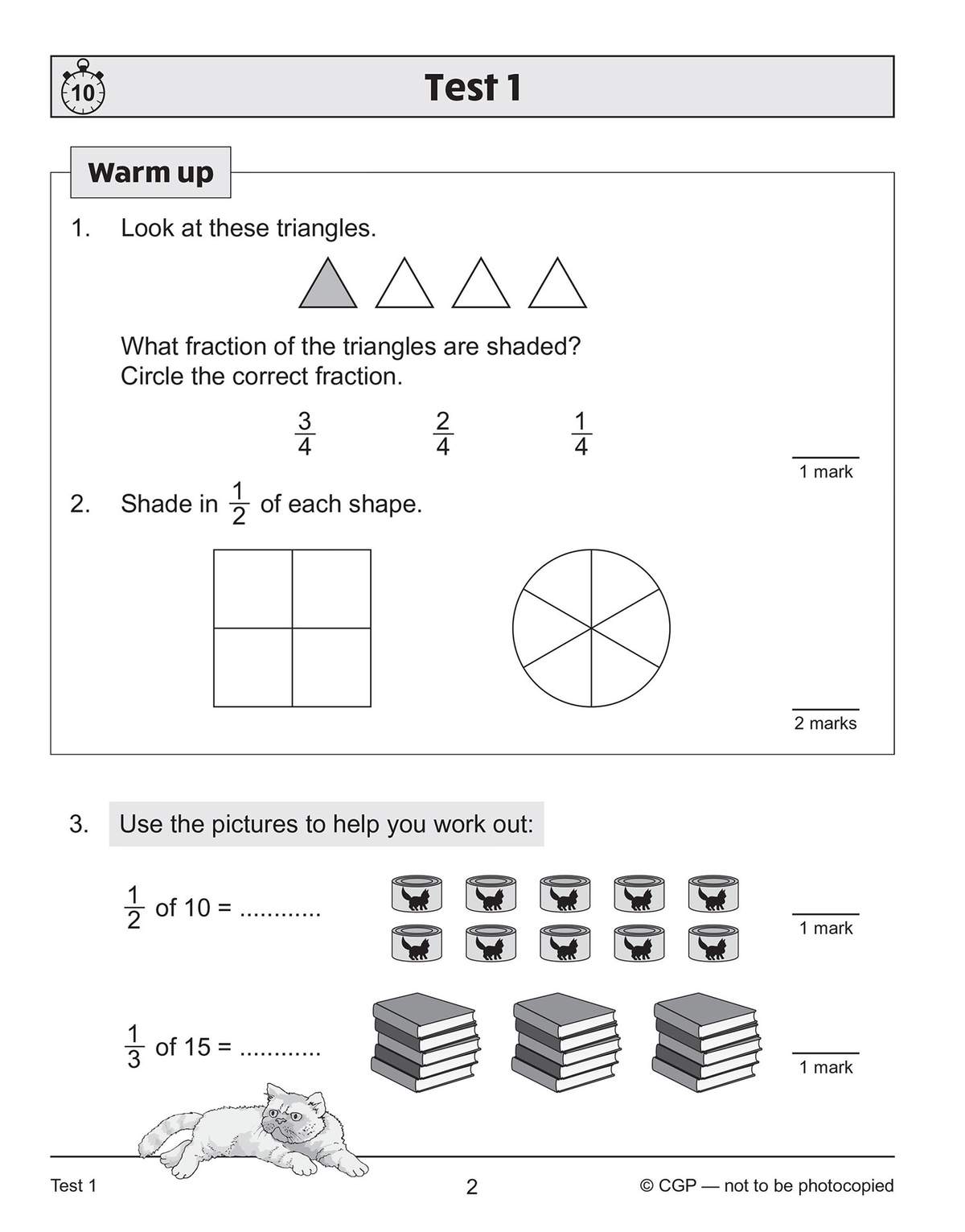 Three short questions on fractions using shapes and pictures, including shading and calculating halves and thirds