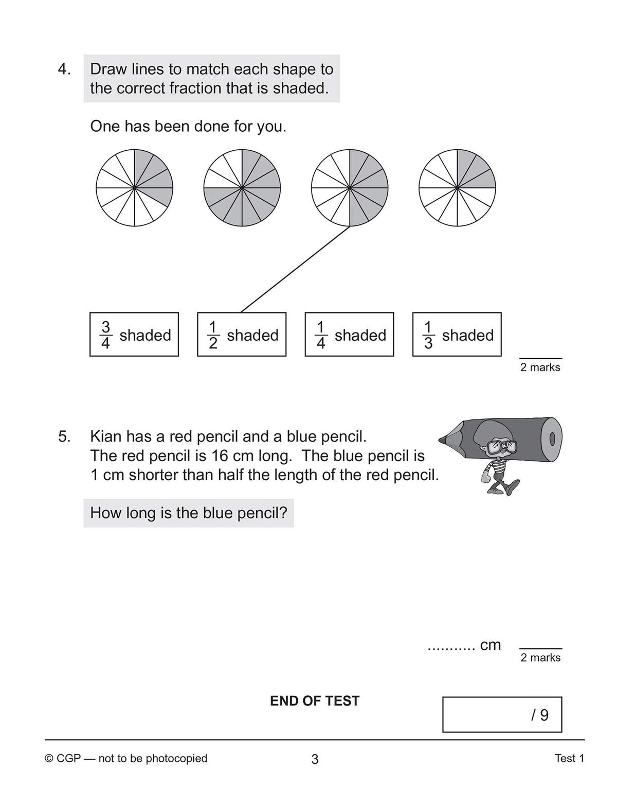 Children match four shaded circles to fractions and solve a word problem about pencil lengths