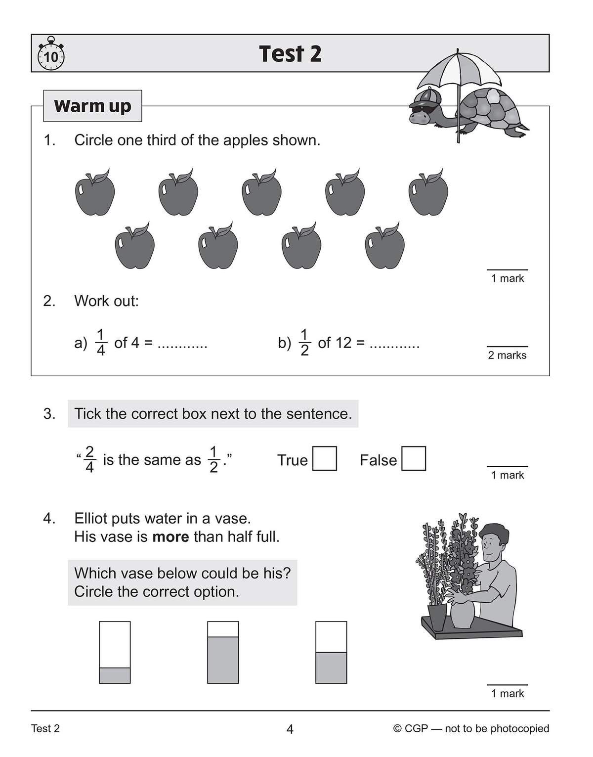 Four short questions on fractions, including circling apples, calculating parts, and comparing vase levels