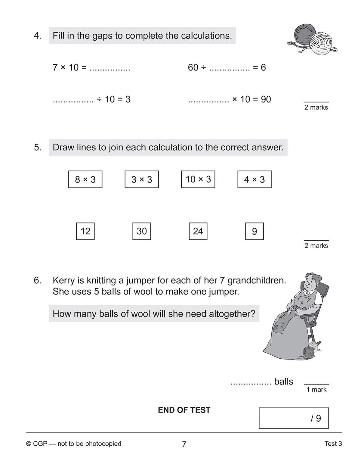 Three maths questions on multiplication and division, including a word problem about knitting jumpers for grandchildren