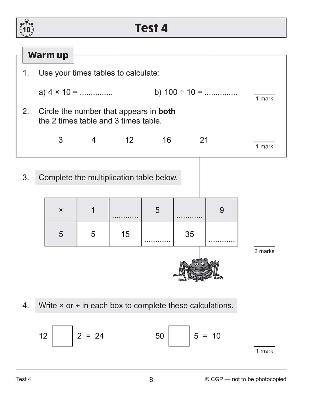 Four quick questions on multiplication and division, including a times table grid to complete and a calculation to circle