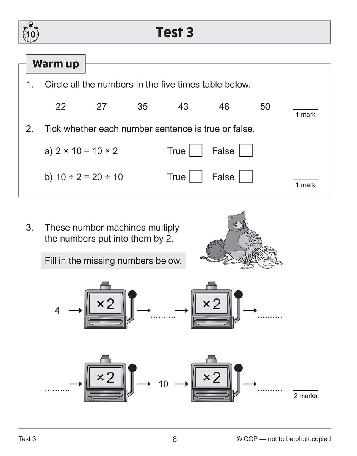 A warm-up test with three questions on multiplication and division, including circling numbers, ticking true or false