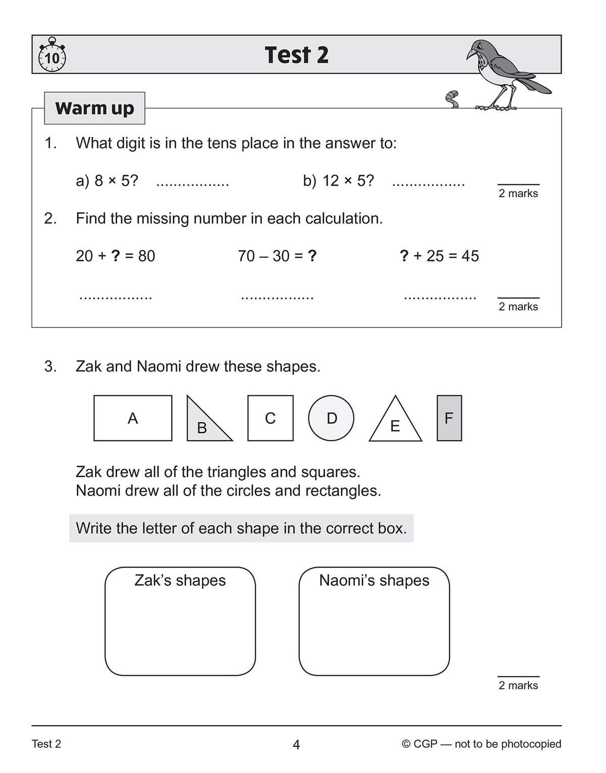 A timed test with three questions on multiplication, missing numbers and sorting shapes into categories