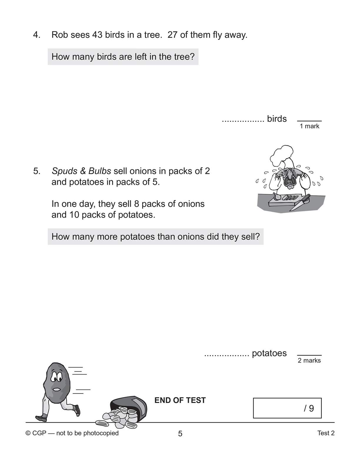 Two word problems on subtraction and multiplication, with space to write answers and a cartoon potato to colour