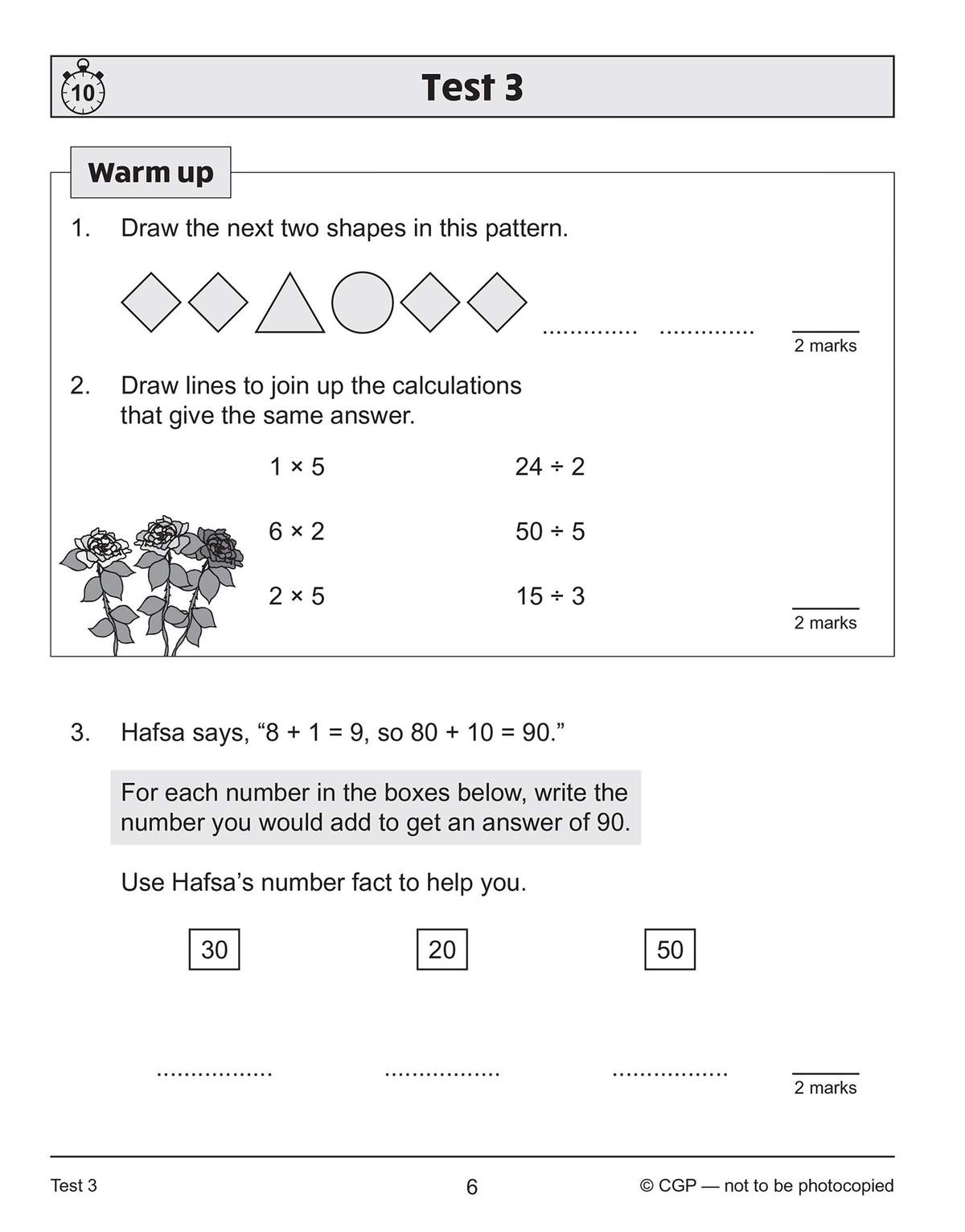A 10-minute test with three questions on patterns, matching calculations, and mental addition to reach 90
