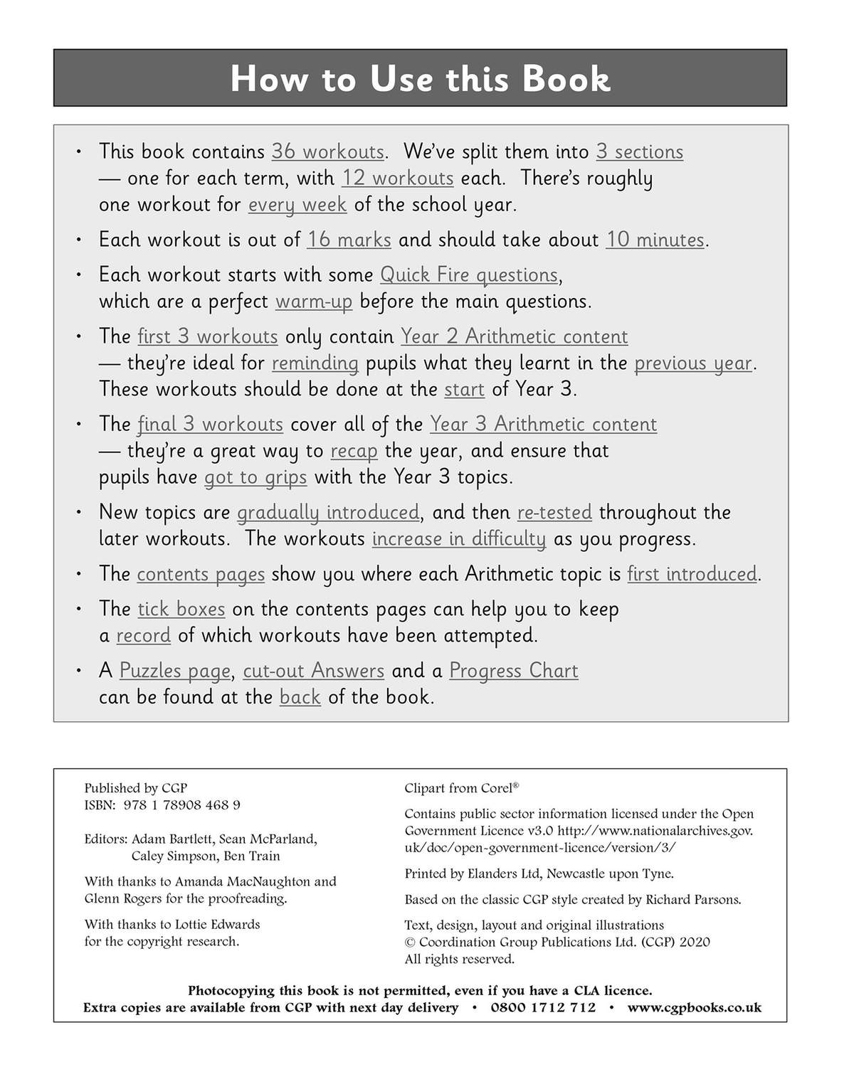 Instructions explain how to use the 36 weekly arithmetic workouts, including timing and progression