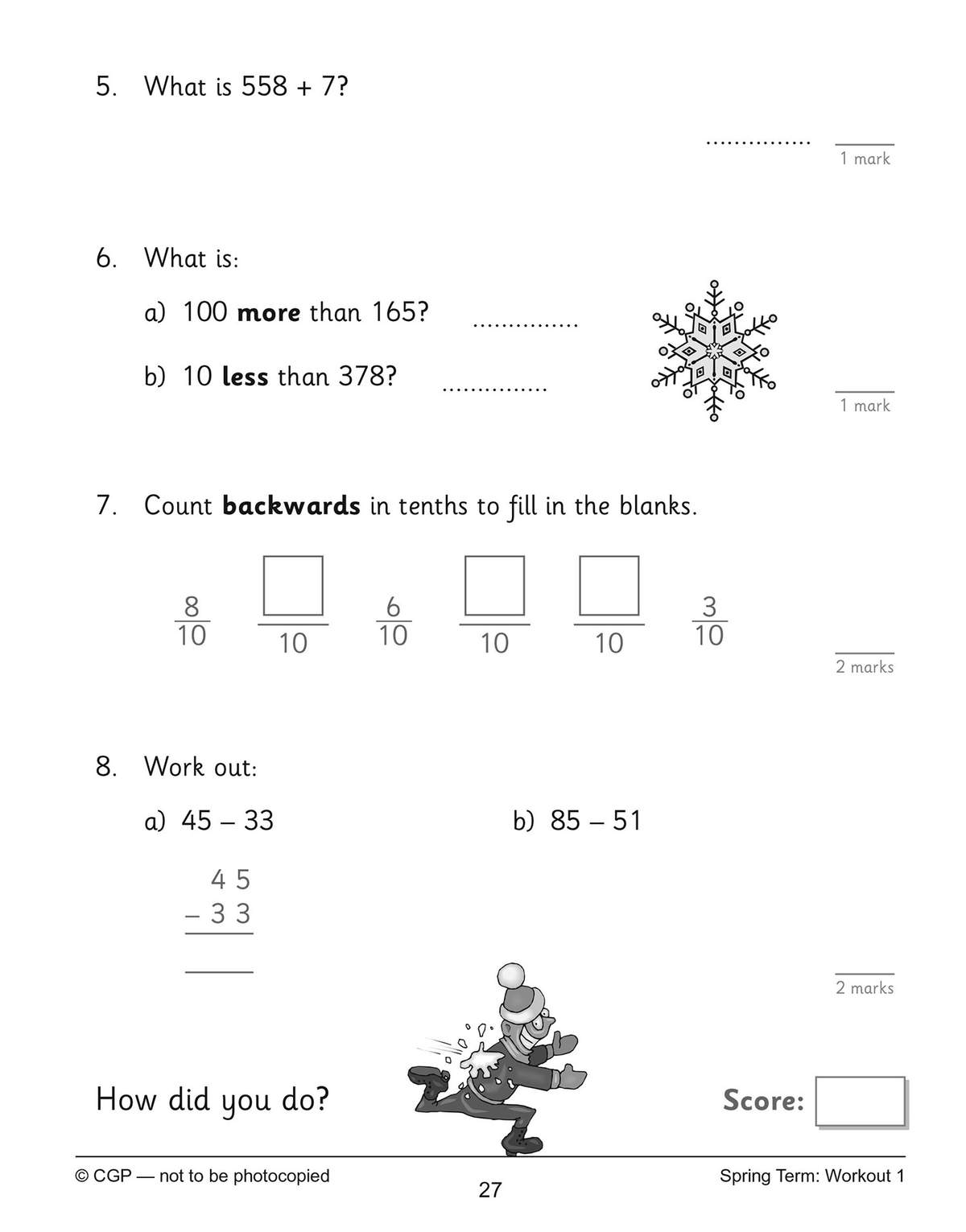 Children complete four arithmetic questions on addition, subtraction and counting backwards in tenths