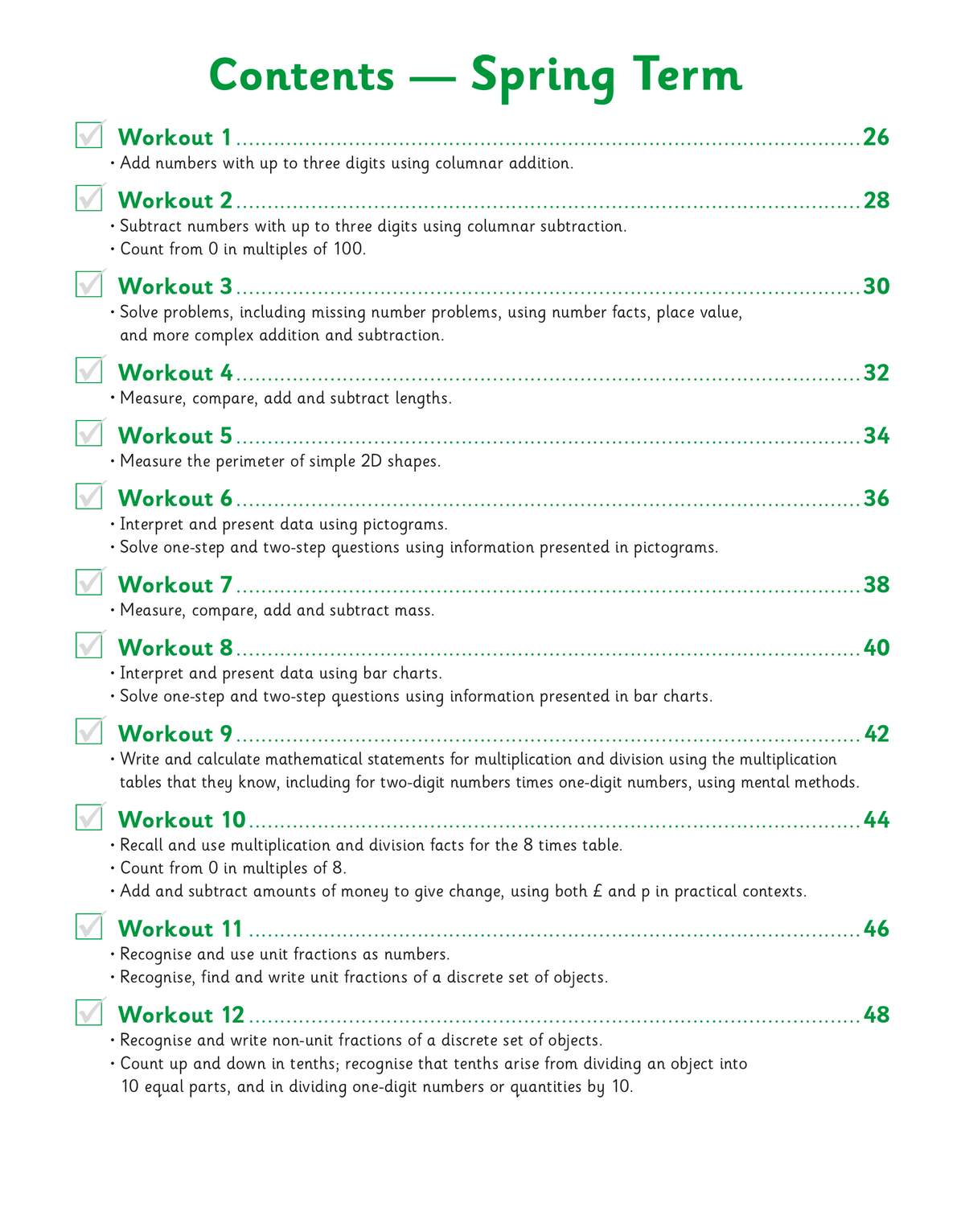 A contents page listing twelve weekly workouts covering addition, subtraction, measurement and fractions