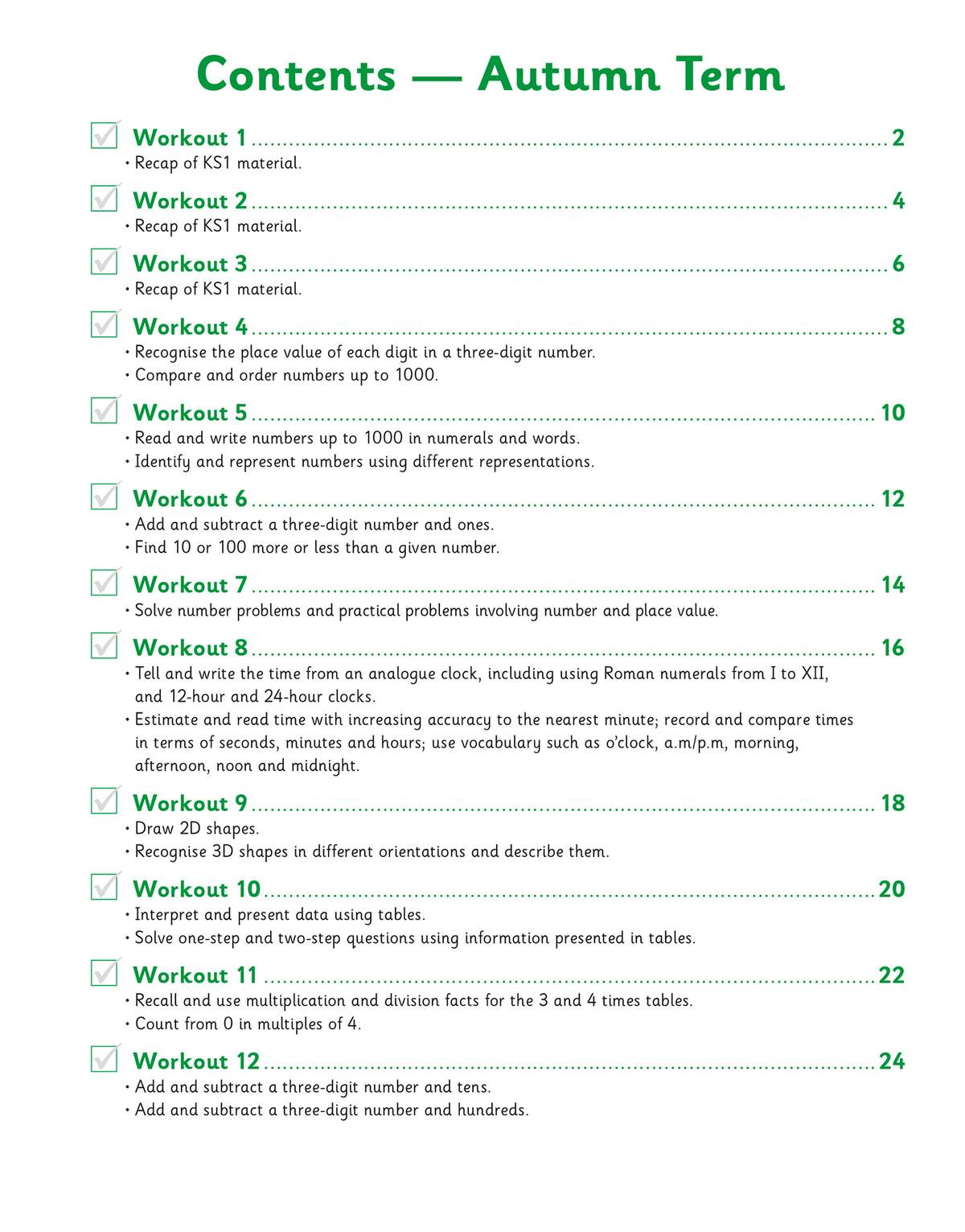 A contents page listing twelve weekly maths workouts covering place value, time, shapes and data handling
