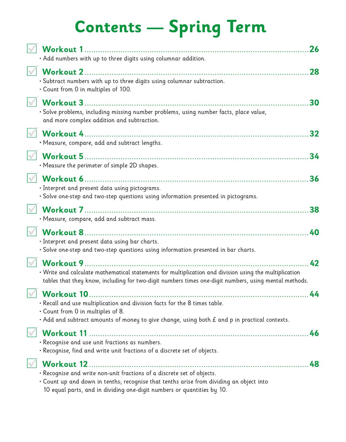 A contents page listing twelve weekly maths workouts covering addition, subtraction, measurement and fractions