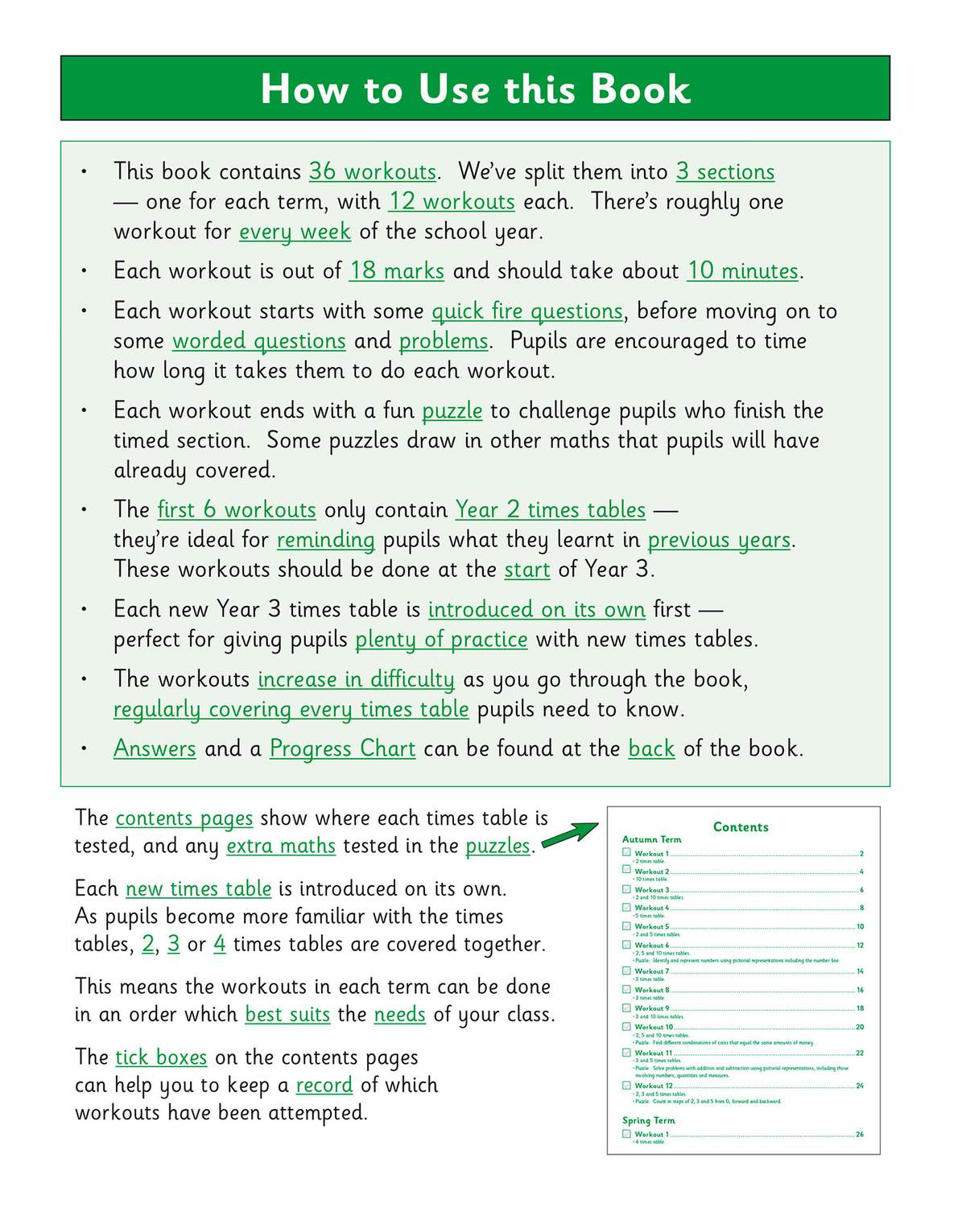 Instructions explain how to use the book, including the structure of workouts and how to track progress