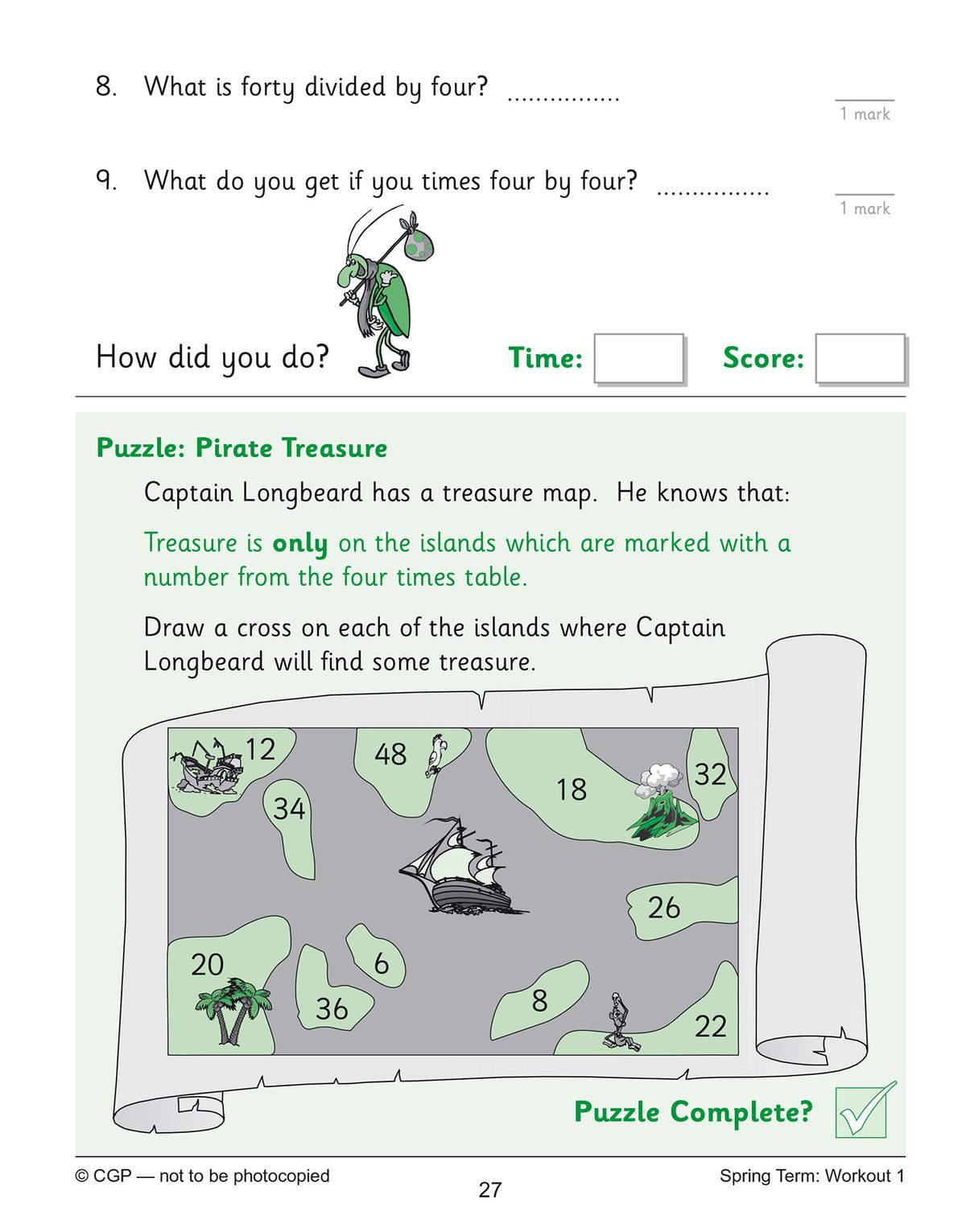 Two quick division and multiplication questions followed by a pirate map puzzle where children cross out islands marked