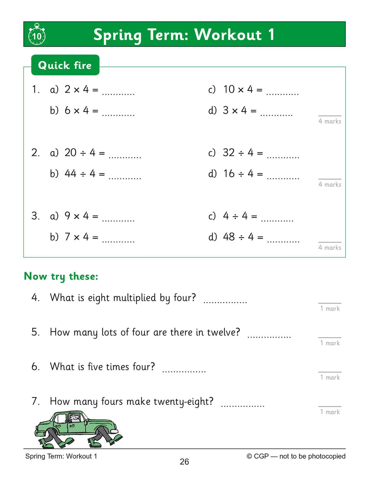 Seven quick-fire questions on multiplying and dividing by four, plus four word problems to solve