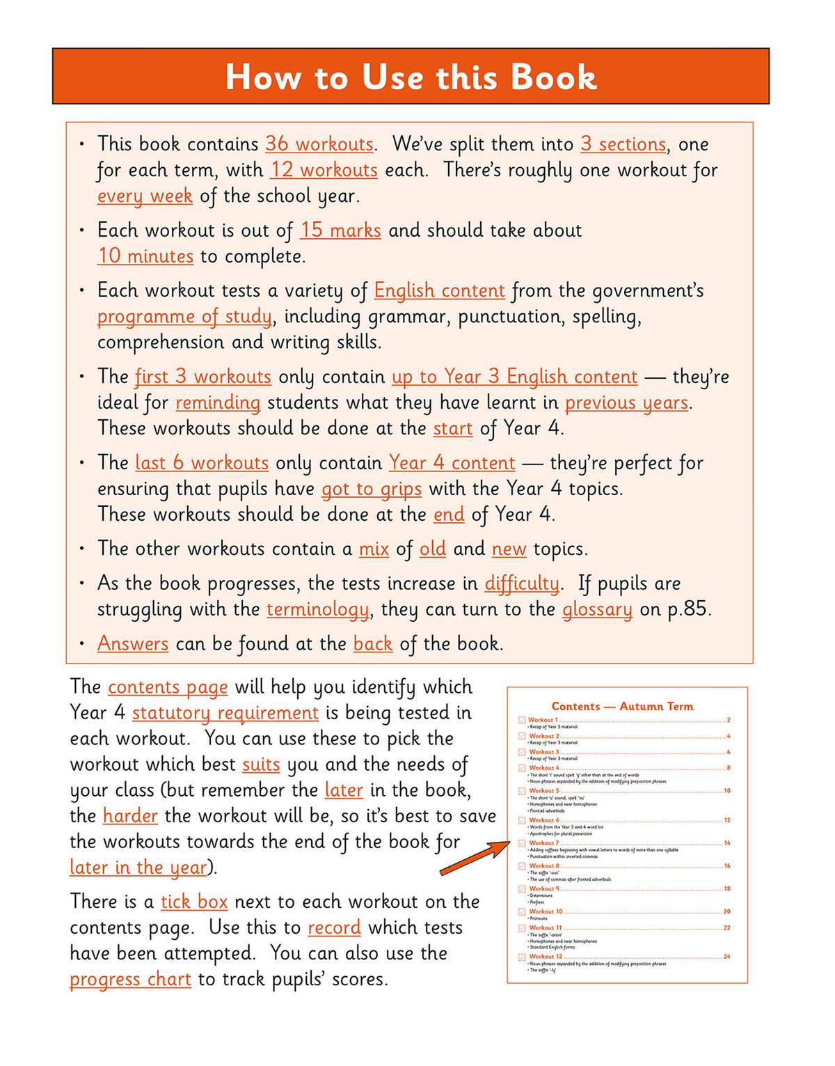 Instructions explain how to use the book's 36 workouts, including timing, marking and how to track progress