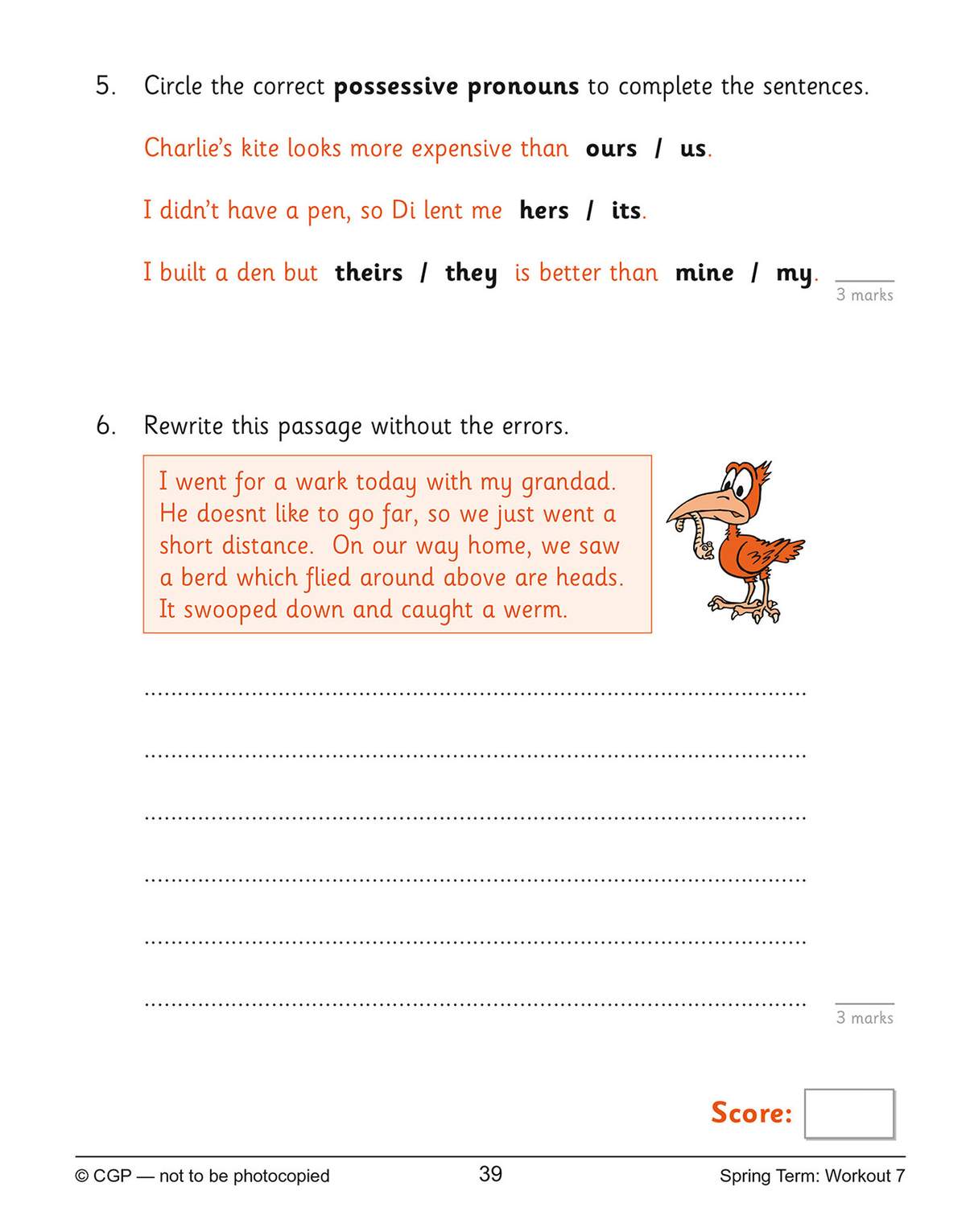 Children circle correct possessive pronouns and rewrite a passage with deliberate errors to fix spelling and grammar