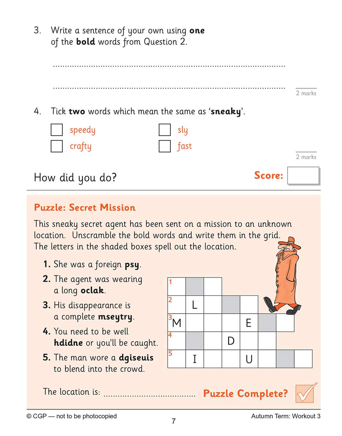 Children unscramble five jumbled words in sentences, write them into a grid, and tick a box to check their work