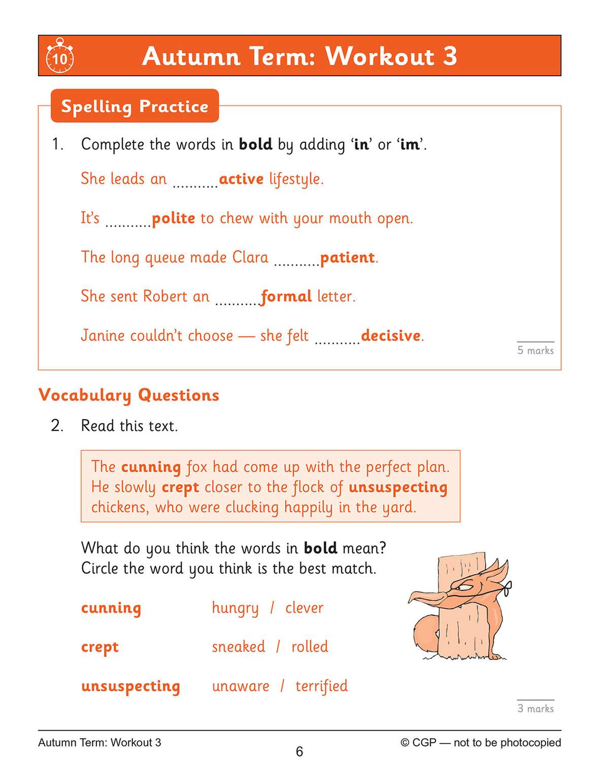 Children complete five sentences with in or im, read a short text about a fox