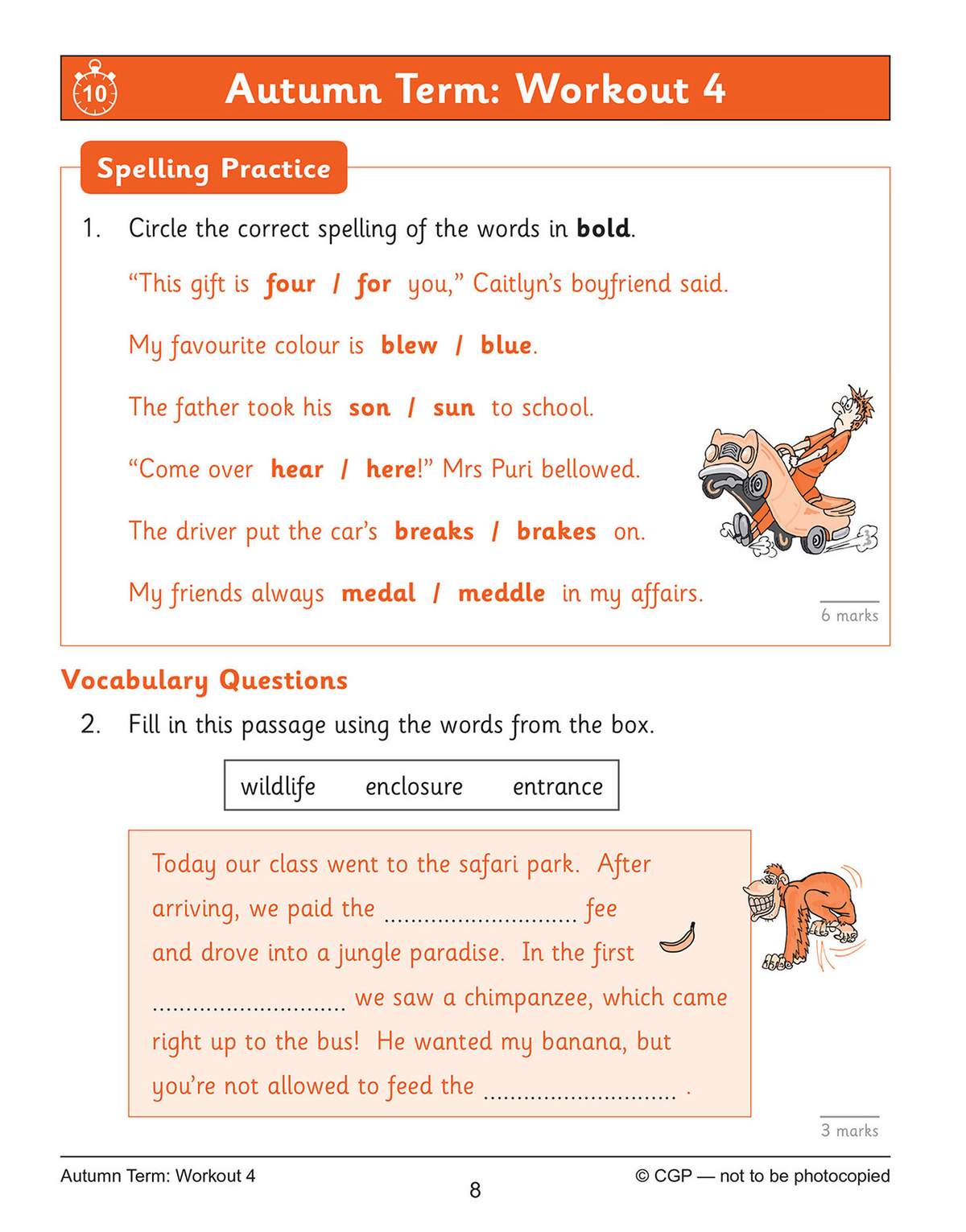 Children circle correct spellings and fill gaps in a safari park story to practise spelling and vocabulary