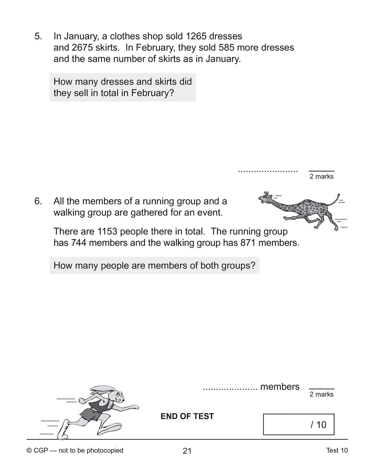 Two word problems on addition and subtraction, with a giraffe and runner cartoon to keep children engaged